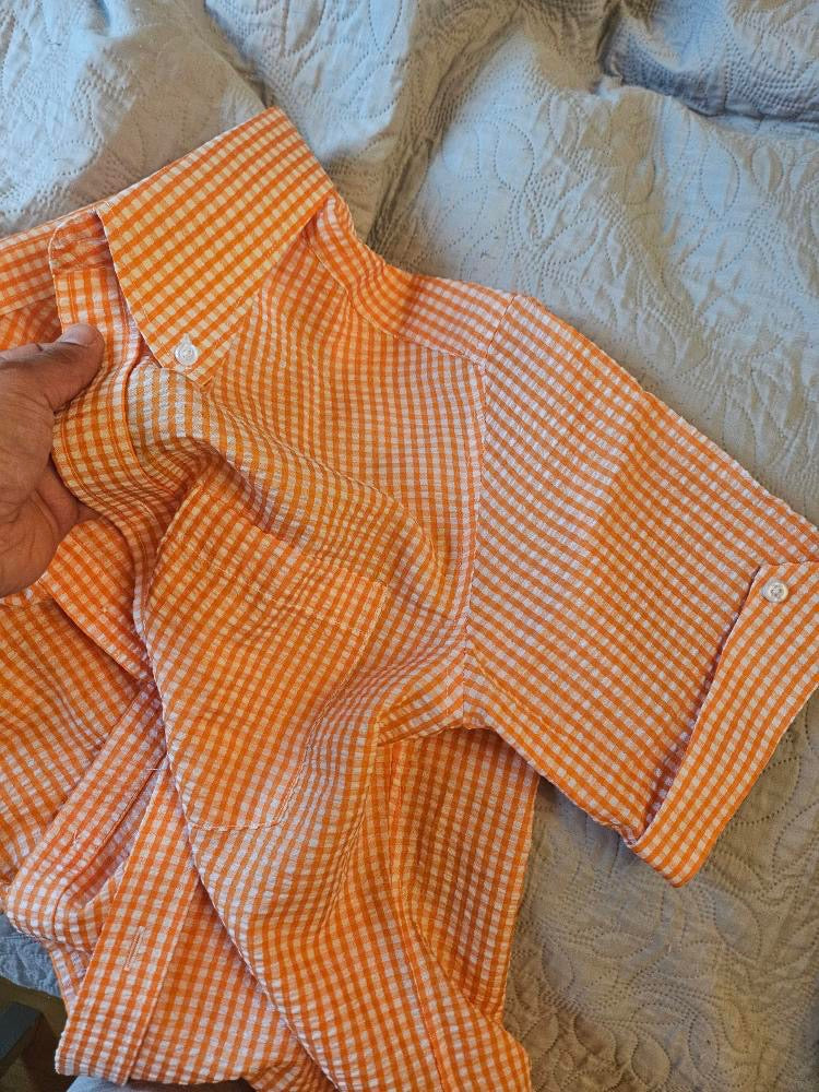 Limited-edition AiBi アイビースタイル Beagle collared button-down short-sleeved shirt 'Seersucker' Orange Gingham SS25