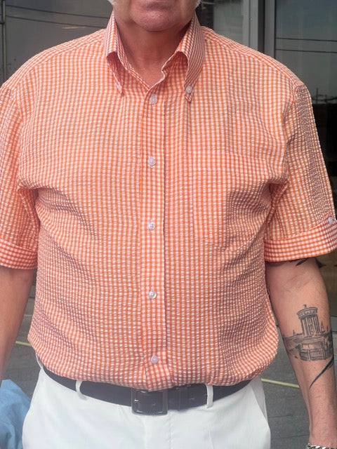 Limited-edition AiBi アイビースタイル Beagle collared button-down short-sleeved shirt 'Seersucker' Orange Gingham SS25