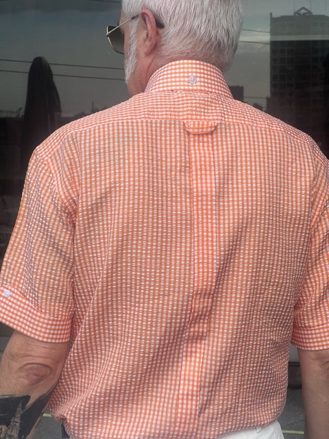 Limited-edition AiBi アイビースタイル Beagle collared button-down short-sleeved shirt 'Seersucker' Orange Gingham SS25
